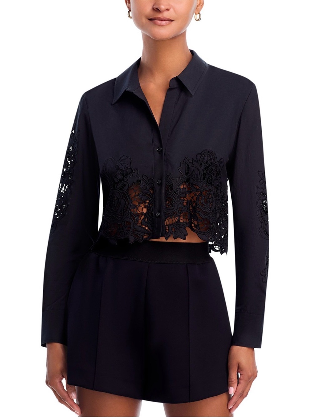 L'AGENCE Black Cropped Lace-Trim Button-Down Shirt